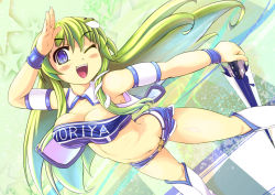 Rule 34 | 1girl, :d, belt, blue eyes, boots, breasts, cleavage, closed umbrella, elbow gloves, frog hair ornament, gloves, hair ornament, knee boots, kochiya sanae, large breasts, long hair, midriff, navel, open mouth, planted, planted umbrella, race queen, skirt, smile, snake hair ornament, solo, star (symbol), the-ta, thighhighs, touhou, umbrella, velt, white footwear