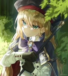 Rule 34 | absurdres, artoria caster (fate), artoria caster (second ascension) (fate), artoria pendragon (fate), beret, black gloves, blonde hair, blue capelet, blue hat, breasts, buttons, capelet, closed mouth, dress, fate/grand order, fate (series), gloves, green eyes, hat, highres, holding, holding staff, kanniiepan, long sleeves, multicolored capelet, small breasts, smile, solo, staff, twintails, white dress