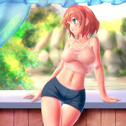 Rule 34 | 1girl, arm support, bad id, bad pixiv id, bike shorts, blue eyes, blurry, blush, camisole, crop top, crop top overhang, depth of field, hairband, highres, looking away, midriff, navel, nipples, orange hair, original, parted lips, ranken, see-through, short hair, solo, standing, thigh gap