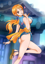 Rule 34 | 1girl, ass, bare shoulders, bottomless, breasts, exhibitionism, highres, japanese clothes, kimono, large breasts, long hair, looking at viewer, nami (one piece), no bra, no panties, one piece, orange eyes, orange hair, outdoors, public indecency, ribbon, rider (orange couture), short kimono, sideboob, smile, solo, standing, standing on one leg, tattoo, wavy hair