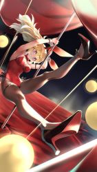 Rule 34 | 1girl, anklet, black footwear, blonde hair, bow, bowtie, breasts, detached collar, dutch angle, female focus, grin, high heels, highres, jewelry, leotard, medium breasts, mitake eil, original, pantyhose, playboy bunny, pole, pole dancing, ponytail, purple eyes, rabbit ears, red bow, red bowtie, red pantyhose, shoes, smile, solo, strapless, strapless leotard, wrist cuffs
