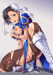 Rule 34 | 1girl, amei sumeru, boots, breasts, breasts squeezed together, brown eyes, brown hair, brown pantyhose, bukkake, capcom, china dress, chinese clothes, chun-li, cross-laced footwear, cum, dress, highres, lace-up boots, large breasts, nipples, on one knee, open mouth, pantyhose, pelvic curtain, short hair, solo, street fighter, thighs, torn clothes, torn pantyhose