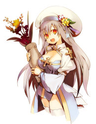 Rule 34 | 1girl, :d, arch bishop (ragnarok online), arutopian, blue dress, breasts, brown eyes, cleavage, cleavage cutout, clothing cutout, commentary request, cowboy shot, cropped legs, cross, dress, flower, grey hair, hair between eyes, hair flower, hair ornament, holding, holding vase, juliet sleeves, long hair, long sleeves, looking at viewer, medium breasts, open mouth, puffy sleeves, ragnarok online, smile, solo, thighhighs, two-tone dress, white dress, white headwear, white thighhighs, yellow flower