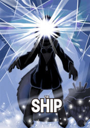Rule 34 | 1girl, abyssal ship, alternate language, breasts, glowing, gorirambo, gradient background, hard-translated, hood, hoodie, kantai collection, light rays, movie poster, parody, re-class battleship, scarf, small breasts, solo, tail, the thing, third-party edit, unzipped