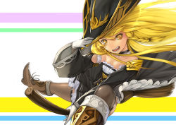 Rule 34 | 1girl, :d, adapted costume, black dress, black thighhighs, blonde hair, boots, braid, breasts, broom, broom riding, brown footwear, choker, collarbone, detached sleeves, dress, frilled choker, frills, from side, gloves, hat, highres, hoshara, kirisame marisa, long hair, long sleeves, looking at viewer, looking to the side, open mouth, see-through, see-through legwear, side braid, small breasts, smile, strapless, strapless dress, thighhighs, touhou, tube dress, white gloves, witch hat, yellow eyes