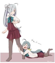 Rule 34 | 10s, 2girls, ahoge, asashimo (kancolle), bad id, bad twitter id, blouse, blue hair, bow, bowtie, commentary request, dress, closed eyes, grey hair, hair over one eye, hairband, hugging another&#039;s leg, kantai collection, kiyoshimo (kancolle), leg grab, long hair, low twintails, lying, multicolored hair, multiple girls, on floor, on stomach, open mouth, pantyhose, riz (ravel dc), school uniform, shirt, sleeveless, sleeveless dress, standing, tears, translation request, twintails, twitter username, white shirt