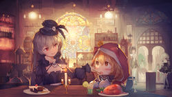 Rule 34 | blonde hair, blush, brown eyes, cake, candle, cape, commentary request, copyright request, eating, feeding, fire, food, fruit, glass, grey hair, gujianshaonu, hair between eyes, hat, highres, hood, hooded jacket, indoors, jacket, long hair, looking at another, multiple girls, open mouth, plate, red eyes, table, wax