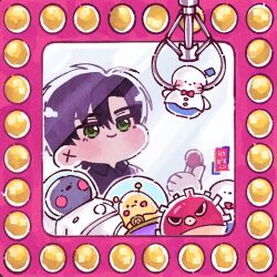 Rule 34 | 1boy, black hair, black shirt, blush, chibi, collared shirt, crane game, green eyes, holding, honnebata, looking up, love and deepspace, male focus, parted bangs, shirt, short hair, signature, smile, solo, square, stuffed animal, stuffed toy, zayne (love and deepspace)
