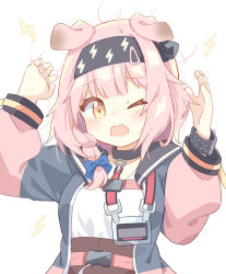 Rule 34 | 1girl, absurdres, animal ears, arknights, arms up, black hairband, black jacket, blue bow, blush, bow, braid, brown skirt, cat ears, commentary request, goldenglow (arknights), hair bow, hair over shoulder, hairband, highres, jacket, lightning bolt print, lightning bolt symbol, long hair, long sleeves, looking at viewer, one eye closed, open clothes, open jacket, open mouth, pink hair, print hairband, puffy long sleeves, puffy sleeves, ryoku sui, shirt, simple background, single braid, skirt, solo, upper body, wavy mouth, white background, white shirt, yellow eyes