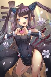 Rule 34 | 1girl, bare shoulders, black dress, blue eyes, blunt bangs, blush, breasts, china dress, chinese clothes, cleavage, dress, fate/grand order, fate (series), flower, flute, gradient background, hair ornament, heart, heart hands, highres, instrument, leaf hair ornament, long hair, looking at viewer, medium breasts, miya (miyaruta), open mouth, petals, pipa (instrument), purple hair, sidelocks, smile, solo, thighs, twintails, yang guifei (fate), yang guifei (second ascension) (fate)