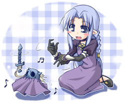 Rule 34 | 00s, 1girl, beamed quavers, blue eyes, blue hair, blush stickers, braid, dagger, dress, fate/stay night, fate (series), knife, long dress, long hair, long sleeves, lowres, matching hair/eyes, medea (fate), musical note, pointy ears, quaver, skull, solo, weapon