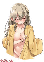 Rule 34 | 1girl, blush, breasts, cleavage, closed eyes, drill hair, ebifurya, hair down, hatakaze (kancolle), highres, kantai collection, light brown hair, no bra, no panties, short hair, simple background, solo, white background