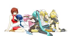Rule 34 | 2boys, bare shoulders, blonde hair, boots, bra, breast smother, breasts, brown hair, face to breasts, hair ornament, hair ribbon, hairclip, hands on own face, hatsune miku, headphones, headset, highres, hug, hug from behind, kagamine len, kagamine rin, kaito (vocaloid), lingerie, long hair, medium breasts, megurine luka, meiko (vocaloid), multiple boys, multiple girls, nyakelap, pink hair, ribbon, short hair, skirt, small breasts, thighhighs, twintails, underwear, very long hair, vocaloid