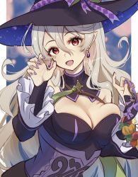 Rule 34 | 1girl, breasts, cleavage, corrin (female) (fire emblem), corrin (fire emblem), dress, earrings, fire emblem, fire emblem fates, fire emblem heroes, grey hair, hair between eyes, hat, highres, jewelry, karashino, long hair, looking at viewer, medium breasts, nail polish, nintendo, official alternate costume, open mouth, pointy ears, purple nails, red eyes, slit pupils, solo, twitter username, upper body, witch hat
