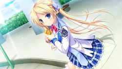 Rule 34 | 1girl, blonde hair, blue eyes, blush, bow, bowtie, breasts, eating, food, game cg, hair ribbon, burger, harvest overray, legs, long hair, looking at viewer, mikami lilia, nironiro, ribbon, school uniform, sitting, skirt, solo, sunlight, thighs, twintails, usume shirou