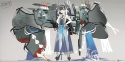 Rule 34 | 1girl, azur lane, blue eyes, blue hair, breasts, cannon, commentary request, concept art, full body, grey background, hair ornament, headband, highres, izuru (timbermetal), japanese clothes, katsuragi (azur lane), long hair, looking at viewer, official art, rigging, simple background, small breasts, smile, solo, thighhighs, twintails, weapon, white thighhighs