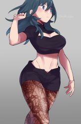 Rule 34 | 1girl, black shirt, black shorts, blouse, blue eyes, blue hair, breasts, brown pantyhose, byleth (female) (fire emblem), byleth (fire emblem), cleavage, cleavage cutout, closed mouth, clothing cutout, do m kaeru, fire emblem, fire emblem: three houses, grey background, hair between eyes, lace, lace-trimmed legwear, lace trim, large breasts, long hair, looking away, midriff, navel, nintendo, pantyhose, pantyhose under shorts, print pantyhose, shirt, short shorts, short sleeves, shorts, simple background, solo, thighs, turtleneck, twitter username