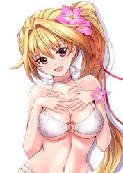 Rule 34 | 1girl, :d, absurdres, bikini, blonde hair, breasts, choker, cleavage, collarbone, floating hair, flower, hair between eyes, hair flower, hair ornament, head tilt, highres, large breasts, long hair, looking at viewer, navel, o-ring, o-ring bikini, open mouth, pink flower, red eyes, ribbon, ribbon choker, sawwei005, shironeko project, side ponytail, sierra (shironeko project), simple background, smile, solo, swimsuit, underboob, upper body, very long hair, white background, white bikini, white ribbon