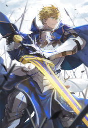 Rule 34 | 1boy, armor, arthur pendragon (fate), blonde hair, cape, commentary request, excalibur (fate/prototype), fate/prototype, fate (series), gauntlets, glowing, glowing sword, glowing weapon, green eyes, male focus, polearm, spear, sword, weapon, woonak