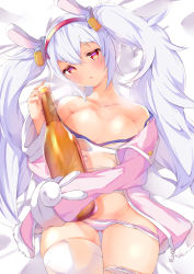 Rule 34 | 1girl, alcohol, animal ears, azur lane, bare shoulders, bed sheet, blush, bottle, breasts, camisole, cleavage, collarbone, commentary, fake animal ears, from above, gluteal fold, groin, hair between eyes, hairband, head tilt, heart, heart-shaped pupils, highres, jacket, laffey (azur lane), long hair, looking at viewer, lying, medium breasts, midriff, off shoulder, on back, open clothes, open jacket, panties, panty pull, parted lips, pink jacket, pink panties, rabbit ears, red eyes, ryoutsu, silver hair, simple background, sleepwear, sleeves past fingers, sleeves past wrists, solo, strap slip, striped clothes, striped panties, symbol-shaped pupils, thighhighs, thighs, twintails, underwear, white background, white camisole, white thighhighs