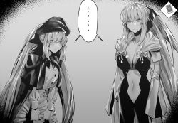Rule 34 | ..., 2girls, artoria caster (fate), artoria caster (second ascension) (fate), artoria pendragon (fate), beret, blush, bow, braid, breasts, buttons, cape, center opening, cleavage, double-breasted, dress, fate/grand order, fate (series), french braid, greyscale, hair bow, hat, highres, hood, hooded cape, hxd, large breasts, long hair, long sleeves, monochrome, morgan le fay (fate), multiple girls, navel, pelvic curtain, ponytail, pout, sidelocks, small breasts, twintails, two-tone dress, very long hair, wide sleeves