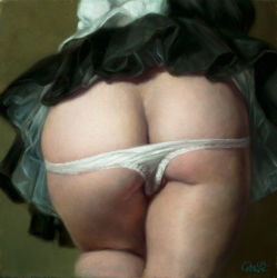 Rule 34 | 1girl, ass, ass focus, black skirt, blouse, brown background, commentary request, frilled skirt, frills, mishima tetsuya, oil painting (medium), original, painting (medium), panties, panty pull, pussy, realistic, shirt, signature, simple background, skirt, tagme, traditional media, underwear, upskirt, white panties, white shirt