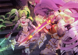 Rule 34 | 2girls, ahoge, armor, armored boots, armored dress, boots, bow, commentary request, dress, falulu, fighting, forehead jewel, gloves, green hair, grey eyes, hair bow, headphones, heart, highres, holding, holding sword, holding weapon, idol clothes, long hair, looking at another, manaka laala, marueri, multiple girls, outdoors, parted bangs, pink bow, pretty series, pripara, purple hair, serious, sidelocks, stairs, standing, stone floor, sword, twintails, very long hair, walking, weapon, white dress, white gloves, wind, wing hair ornament
