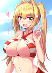 Rule 34 | 1girl, :d, ahoge, bikini, blonde hair, blue sky, blush, breasts, cloud, day, earrings, fate/grand order, fate (series), green eyes, hair intakes, heart, highres, jewelry, kihou no gotoku dmc, large breasts, long hair, looking at viewer, navel, nero claudius (fate), nero claudius (fate) (all), nero claudius (swimsuit caster) (fate), open mouth, sky, smile, solo, striped bikini, striped clothes, swimsuit, twintails, upper body, v