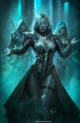 Rule 34 | 1boy, 2girls, aqua theme, armor, arms at sides, artist name, bodysuit, breasts, choker, cleavage, cleavage cutout, cloak, clothing cutout, commentary, dark, deviantart username, english commentary, fingernails, froitz, glowing, glowing eyes, groin, hair over one eye, hood, hood up, large breasts, lips, long fingernails, long sleeves, looking at viewer, monochrome, multiple girls, nose, nostrils, one eye covered, original, shaded face, sharp fingernails, shoulder armor, signature, standing, sword, thigh strap, vambraces, watermark, weapon, web address