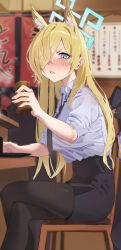 Rule 34 | 1girl, absurdres, animal ear fluff, animal ears, black necktie, black pantyhose, black skirt, blonde hair, blue archive, blue eyes, blue halo, blue shirt, commentary request, crossed legs, cup, drinking glass, eyes visible through hair, gubbi on, hair over one eye, halo, highres, holding, holding cup, kanna (blue archive), korean commentary, long hair, looking at viewer, necktie, pantyhose, shirt, short sleeves, sitting, skirt