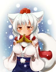 Rule 34 | 1girl, animal ears, blush, breasts, denak, detached sleeves, hand on own chest, hat, inubashiri momiji, large breasts, looking at viewer, orange eyes, pom pom (clothes), red scarf, scarf, short hair, silver hair, snow, solo, tail, tokin hat, touhou, wolf ears, wolf tail