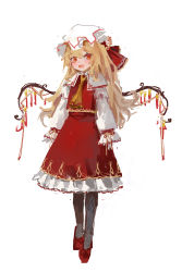 Rule 34 | 1girl, :d, adapted costume, alternate costume, blonde hair, blush, capelet, curly hair, dress, fang, flandre scarlet, frilled dress, frilled sleeves, frills, full body, gold trim, hair ribbon, hat, highres, layered dress, long sleeves, looking at viewer, mob cap, necktie, open mouth, pantyhose, red dress, red eyes, red footwear, red ribbon, red vest, reddizen, ribbon, sidelocks, simple background, sketch, skin fang, sleeves past wrists, slit pupils, smile, solo, standing, touhou, vest, white background, white hat, wings, yellow necktie