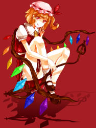 Rule 34 | 1girl, bad id, bad pixiv id, blonde hair, blouse, collared shirt, dada, dada (dolce), female focus, flandre scarlet, floating, hat, laevatein, mob cap, rainbow order, red background, red eyes, shadow, shirt, socks, solo, touhou, white hat, white shirt, white socks, wings