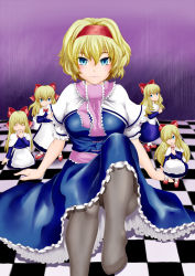 Rule 34 | 1girl, alice margatroid, apron, black pantyhose, blonde hair, blue eyes, bow, breasts, capelet, checkered floor, dress, closed eyes, floor, hair bow, hair over one eye, hairband, hand to own mouth, highres, knee up, kurone, large breasts, light smile, lips, long sleeves, looking at viewer, mary janes, no shoes, pantyhose, purple background, ribbon, sash, shanghai doll, shoes, short hair, sideways glance, sitting, solo, touhou, waist apron, yawning