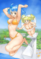 Rule 34 | 2girls, armpits, arms up, bikini, blonde hair, blue eyes, blue hair, breasts, cleavage, day, forest, garex, innertube, jumping, large breasts, multiple girls, nature, open mouth, orange bikini, original, outdoors, parasol, pool, ribs, short hair, sky, swim ring, swimsuit, twintails, umbrella, water slide