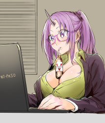 Rule 34 | 1girl, absurdres, akechi shizuku, bendy straw, between breasts, black horns, window blinds, breasts, bubble tea, bubble tea challenge, cleavage, closed mouth, collared shirt, computer, contemporary, dress shirt, drinking, drinking straw, formal, glasses, green shirt, high ponytail, highres, horn, horns, indoors, jacket, laptop, large breasts, long hair, long sleeves, looking away, mouth hold, object on breast, office lady, oni, oni girl, oni horn, oni horns, open clothes, open jacket, parted bangs, pink-framed eyewear, ponytail, purple eyes, purple hair, purple jacket, semi-rimless eyewear, shion (tensei shitara slime datta ken), shirt, sidelocks, single horn, solo, suit, tensei shitara slime datta ken, under-rim eyewear, upper body, v-shaped eyebrows