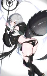Rule 34 | 1girl, ahoge, arknights, ass, black jacket, black panties, black thighhighs, butt crack, crocodilian tail, feet out of frame, from behind, gloves, green gloves, green hair, grey hair, hair between eyes, highres, holding, holding staff, hood, hood down, izumo (ton 63), jacket, long sleeves, looking at viewer, looking back, multicolored hair, panties, partially fingerless gloves, short hair, simple background, solo, staff, streaked hair, tail, thighhighs, thighs, tomimi (arknights), torn clothes, torn panties, torn thighhighs, underwear, white background, yellow eyes