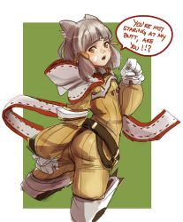 Rule 34 | !?, 1girl, animal ears, ass, blunt bangs, bodysuit, cat ears, covering privates, covering ass, english text, eyebrows, gloves, highres, hood, long sleeves, looking back, nia (xenoblade), nintendo, short hair, silver hair, simple background, smile, solo, speech bubble, text focus, white gloves, xenoblade chronicles (series), xenoblade chronicles 2, yamadacorner, yellow bodysuit, yellow eyes