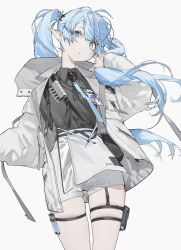 Rule 34 | 1girl, :o, absurdres, aqua necktie, asymmetrical bangs, bag, belt, black belt, black shirt, blue eyes, blue hair, buttons, collared shirt, fanny pack, from below, grey background, highres, holding, holding hair, jacket, kaoruko (unkrk55), long hair, looking at viewer, miniskirt, necktie, original, parted lips, pointy ears, shirt, shirt tucked in, simple background, skirt, solo, standing, thigh strap, twintails, vial, white jacket, white skirt