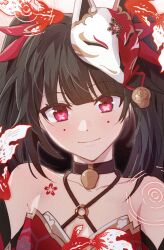 Rule 34 | 1girl, bare shoulders, bell, black choker, blush, bow, brown hair, chest tattoo, choker, closed mouth, collarbone, criss-cross halter, dessertparty, dress, flower tattoo, fox mask, hair bow, halterneck, head tilt, honkai: star rail, honkai (series), long bangs, long hair, looking at viewer, mask, mask on head, neck bell, o-ring, pink eyes, portrait, red bow, red dress, simple background, sleeveless, sleeveless dress, smile, solo, sparkle (honkai: star rail), straight-on, tattoo, twintails, white background