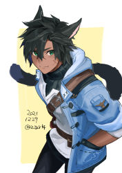 Rule 34 | 1boy, animal ears, warrior of light (ff14), bad id, bad pixiv id, belt, black hair, black pants, black sweater, black tail, blue jacket, border, brown belt, buckle, cat ears, cat tail, chest belt, closed mouth, commentary request, cowboy shot, crossed bangs, dark-skinned male, dark skin, facial scar, final fantasy, final fantasy xiv, green eyes, hair between eyes, hands in pockets, jacket, leaning forward, looking at viewer, making-of available, male focus, miqo&#039;te, mn (zig r14), open clothes, open jacket, outside border, pants, ribbed sweater, scar, scar on cheek, scar on face, shirt, short hair, sleeves rolled up, solo, split mouth, sweater, tail, toned, toned male, turtleneck, turtleneck sweater, twitter username, v-shaped eyebrows, white border, white shirt, yellow background