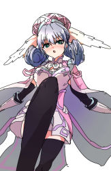 Rule 34 | 1girl, blue eyes, blush, breasts, cape, curly hair, dress, gloves, hat, head wings, highres, long hair, long sleeves, looking at viewer, medium breasts, melia antiqua, puffy sleeves, short dress, simple background, smile, solo, tavn, thighhighs, wings, xenoblade chronicles (series), xenoblade chronicles 1