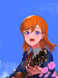 Rule 34 | 1girl, :d, blue background, blue jacket, blue sky, blurry, blurry foreground, brown hair, collared shirt, dress shirt, floating hair, flower, hair between eyes, highres, instrument, jacket, jyon, long hair, long sleeves, love live!, love live! superstar!!, music, neck ribbon, open mouth, pink flower, playing instrument, purple eyes, red ribbon, ribbon, school uniform, shibuya kanon, shirt, sky, smile, solo, swept bangs, upper body, white shirt, wing collar, yuigaoka school uniform