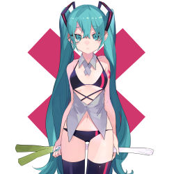 Rule 34 | 1girl, bikini, blue eyes, blue hair, blush, breasts, clothing request, cross-laced clothes, detached collar, food, frown, hair ornament, hatsune miku, highres, holding, holding food, holding spring onion, holding vegetable, long hair, looking to the side, nail polish, naruto maki, navel, open clothes, open shirt, small breasts, solo, spring onion, swimsuit, thighhighs, twintails, underboob, vegetable, very long hair, vocaloid, x