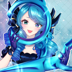 Rule 34 | 1girl, ahoge, blue eyes, blue hair, close-up, drill hair, gloves, gwen (league of legends), hair between eyes, highres, league of legends, lipstick, long hair, looking to the side, makeup, matching hair/eyes, open mouth, ribbon, scissors, solo, star-shaped pupils, star (symbol), symbol-shaped pupils