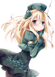 Rule 34 | 10s, 1girl, black dress, black gloves, blonde hair, dress, gloves, green eyes, hat, kantai collection, long hair, looking at viewer, nogi takayoshi, simple background, solo, u-511 (kancolle), white background