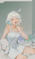 Rule 34 | 1girl, ahoge, bare arms, blue hair, blue nails, camisole, closed eyes, commentary, covering own mouth, english commentary, furina (genshin impact), genshin impact, hand over own mouth, highres, indoors, jewelry, light blush, morning, multicolored hair, necklace, on bed, open mouth, pillow, solo, strap slip, stuffed animal, stuffed toy, tears, two-tone hair, waking up, white camisole, white hair, yawning, yukinika
