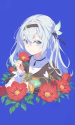 Rule 34 | 1girl, amenoki, black hairband, black jacket, blue background, blue pupils, closed mouth, cropped torso, fingernails, firefly (honkai: star rail), flower, grey hair, hair between eyes, hairband, hand up, highres, honkai: star rail, honkai (series), jacket, long hair, looking at viewer, looking to the side, neckerchief, red flower, shirt, smile, solo, white shirt, yellow neckerchief