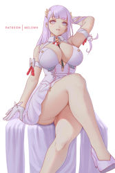 Rule 34 | 1girl, absurdres, arm behind head, arm strap, arm up, azur lane, bare legs, bare shoulders, between breasts, blunt bangs, blush, breasts, cleavage, cleavage cutout, clothing cutout, collared dress, crossed legs, dress, foot out of frame, gloves, half gloves, high heels, highres, large breasts, long hair, looking up, melowh, parted lips, patreon username, pink eyes, pink footwear, pink hair, pleated dress, plymouth (azur lane), short dress, simple background, sitting, solo, thighs, white background, white gloves
