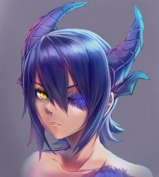 Rule 34 | 10s, 1girl, dragon girl, horns, kantai collection, one eye closed, parted lips, purple hair, ruuto (ruto3), scales, short hair, solo, tenryuu (kancolle), upper body, yellow eyes